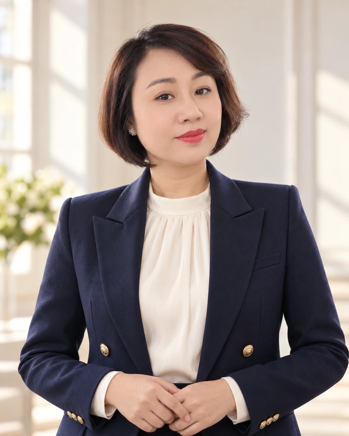 Chân dung Vân Anh mặc vest navy, nhìn chính diện — ảnh thương hiệu AI