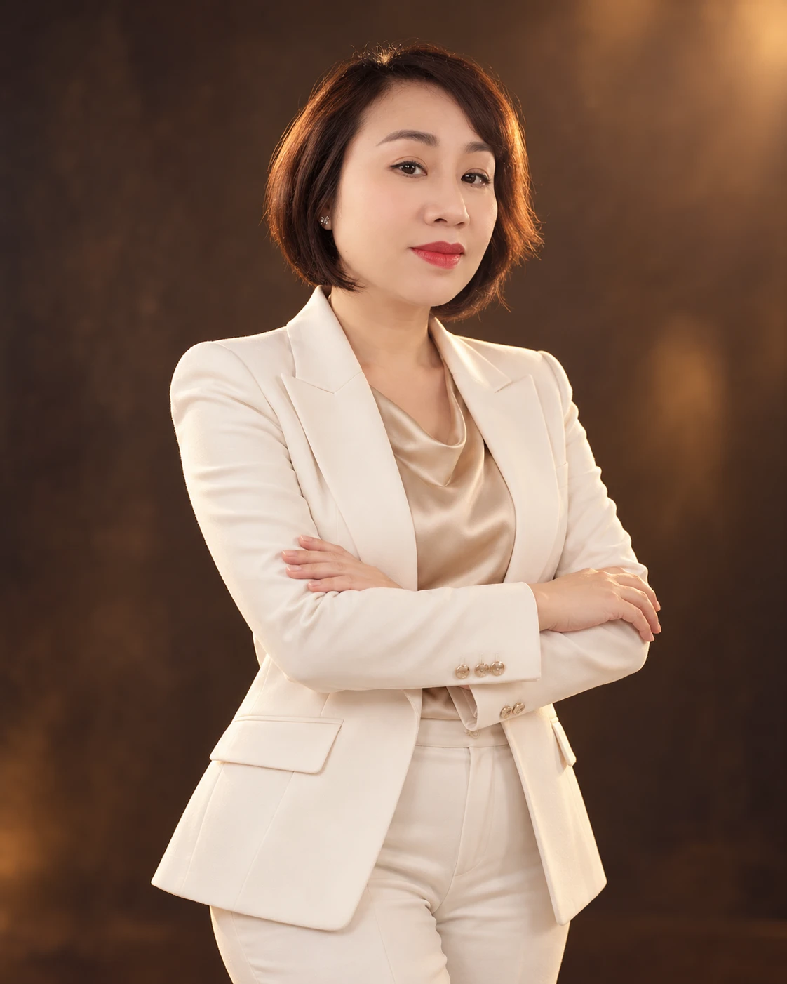Vân Anh trong bộ vest kem chuyên nghiệp