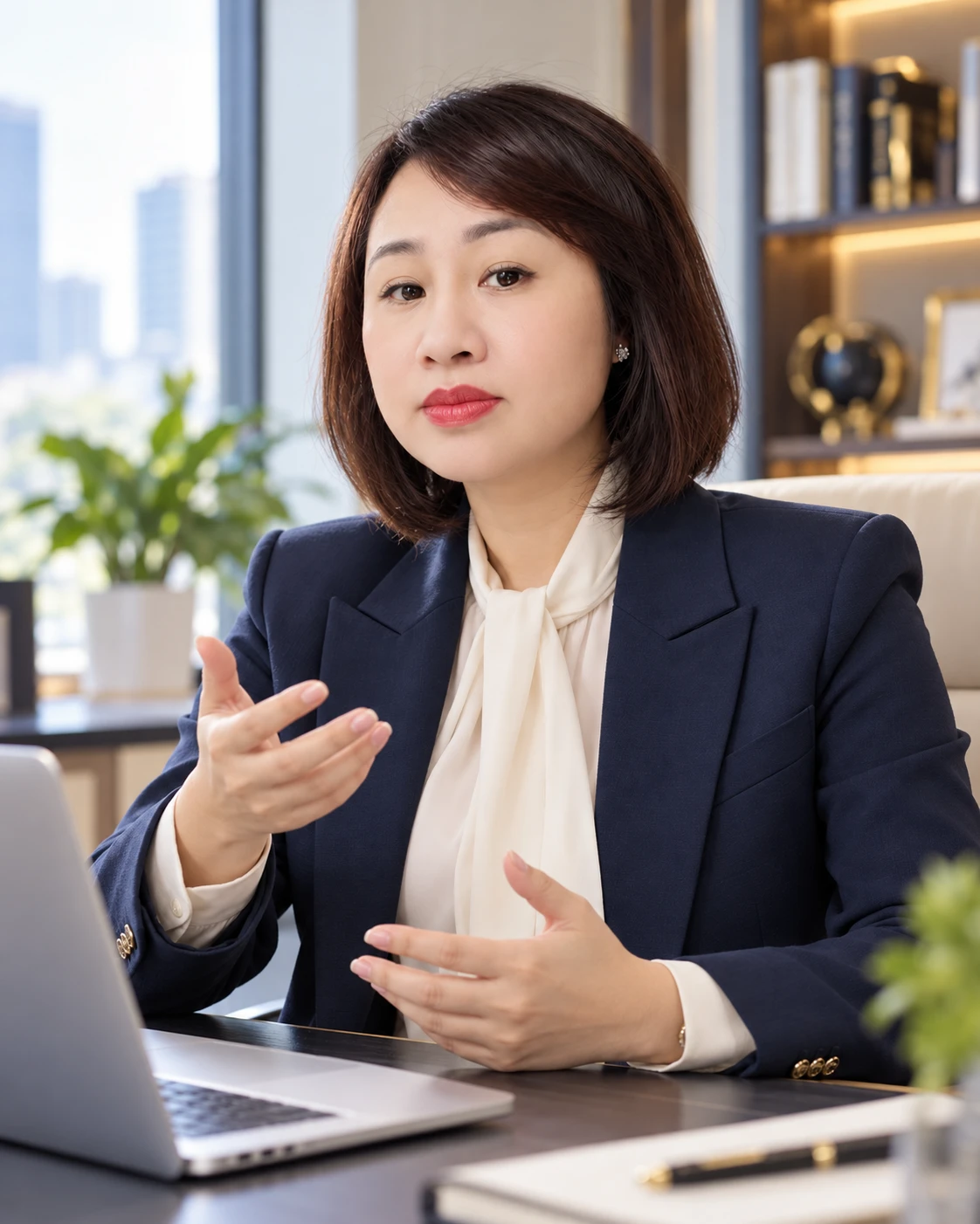 Ảnh thương hiệu AI: Vân Anh trong bộ vest navy làm việc với laptop