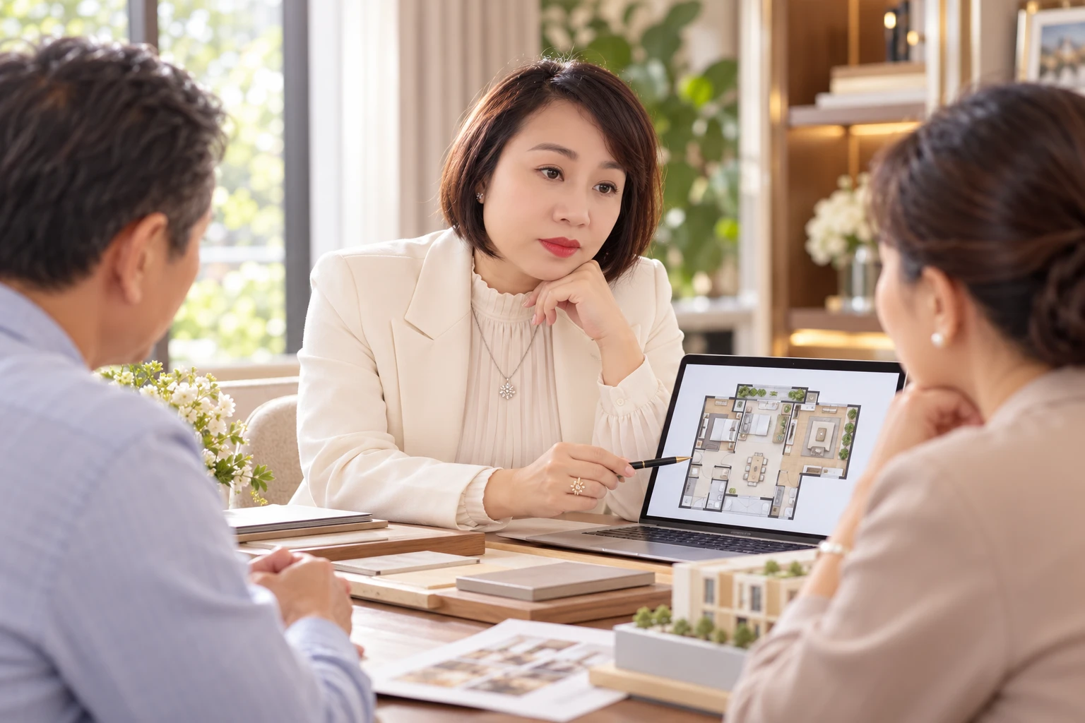 Minh họa AI: Vân Anh lắng nghe một cặp khách hàng bên bảng thông tin căn nhà