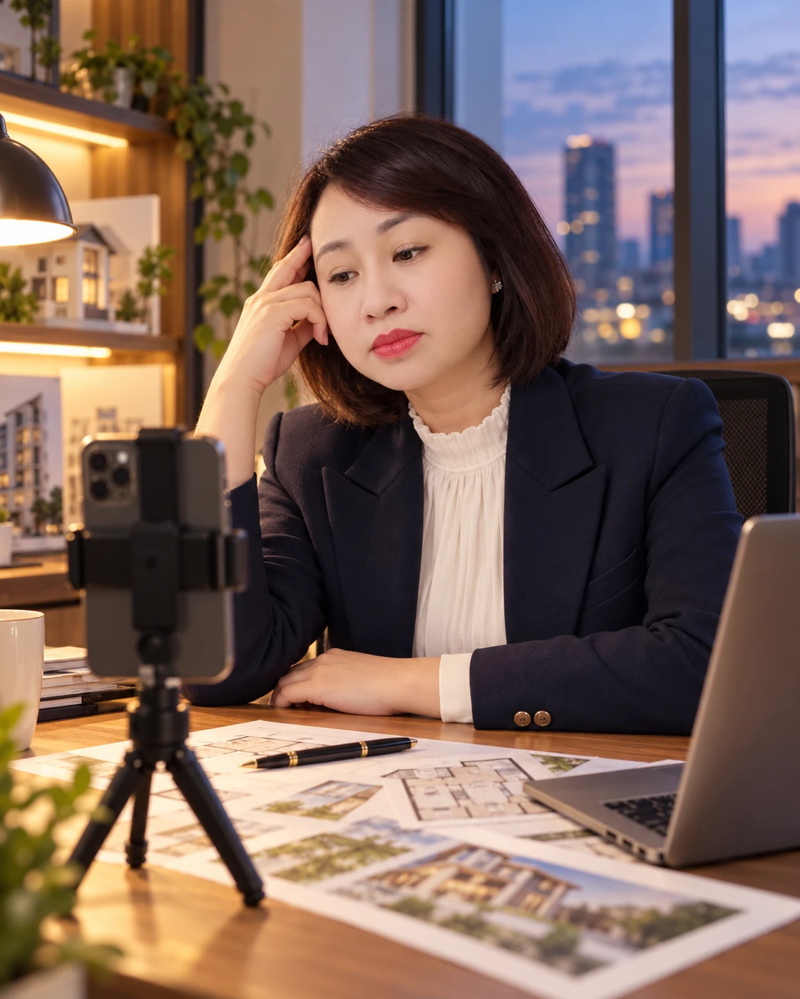 Minh họa AI: Vân Anh ngập ngừng trước điện thoại quay video, bên tài liệu bất động sản